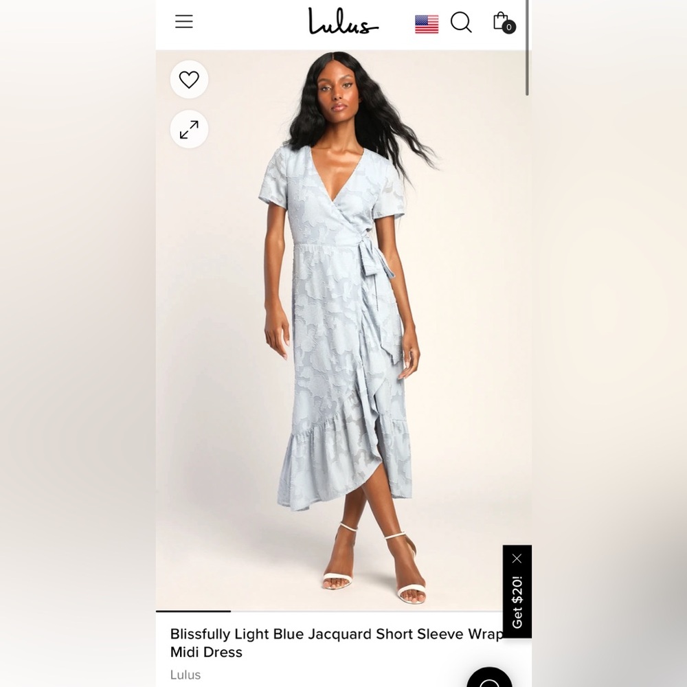 Lulu’s Blissfully Light Blue Jacquard Short Sleeve Wrap Midi Dress size small